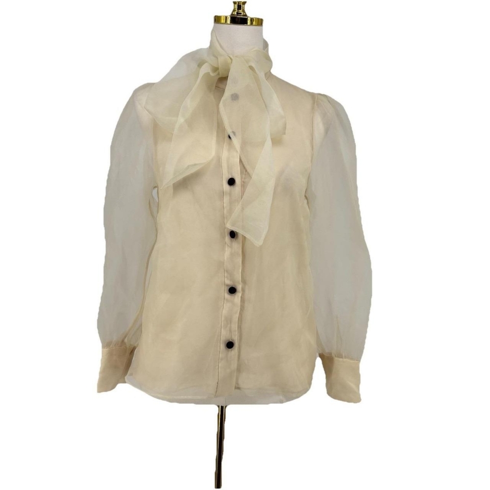 Zara Cream Blouse with Sheer Sleeves and Bow Tie